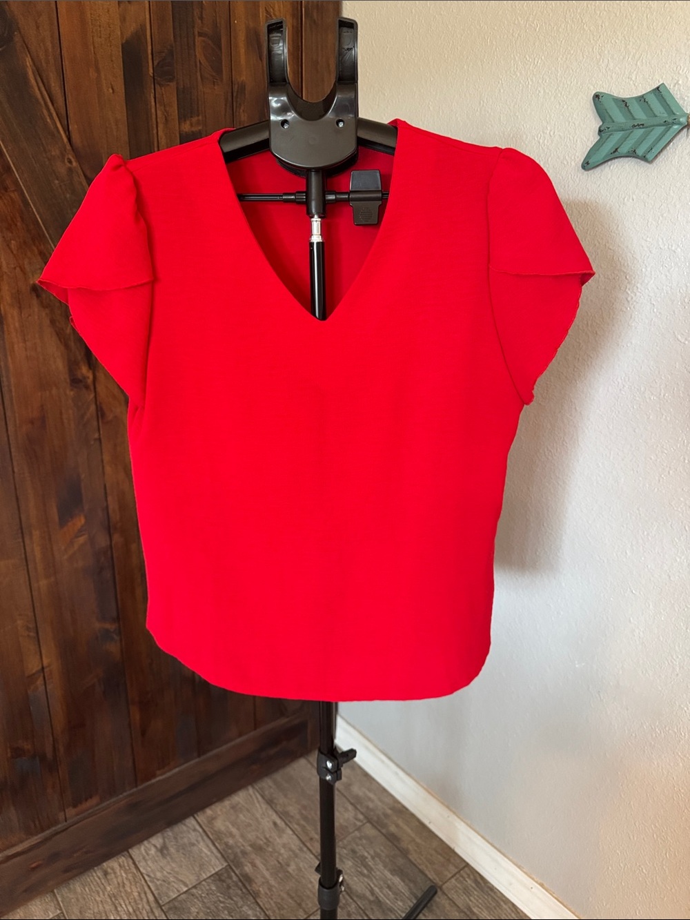 SHEIN Red V-Neck Flutter Sleeve Blouse